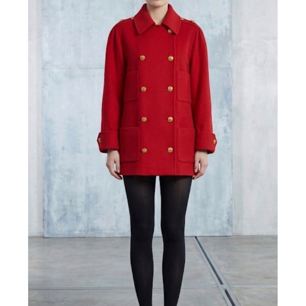 CHANEL VTG 80s Wool Double Breasted Coat Coco Coin Buttons‎ 34